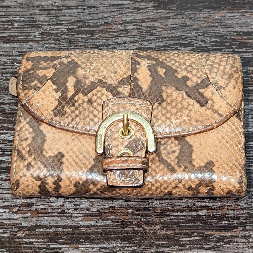 Coach Beige Snake Print Trifold Wallet Card Holder